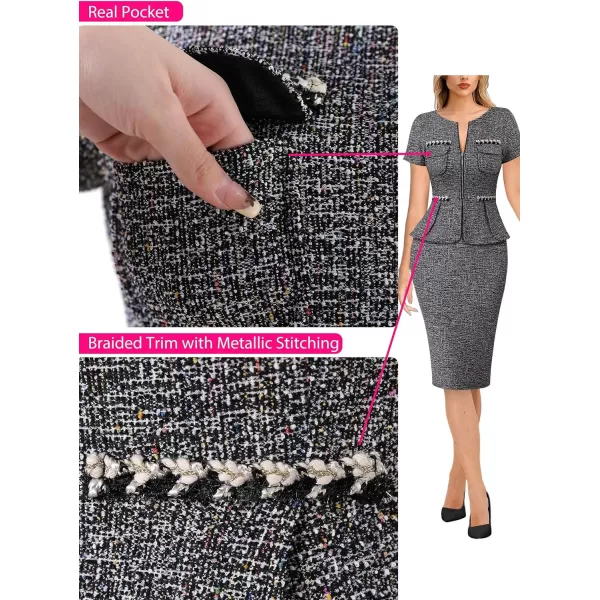 VFSHOW Womens 2024 Business Work Office Peplum Crew Neck Front Zipper Pockets Sheath Bodycon DressBlack Tweed