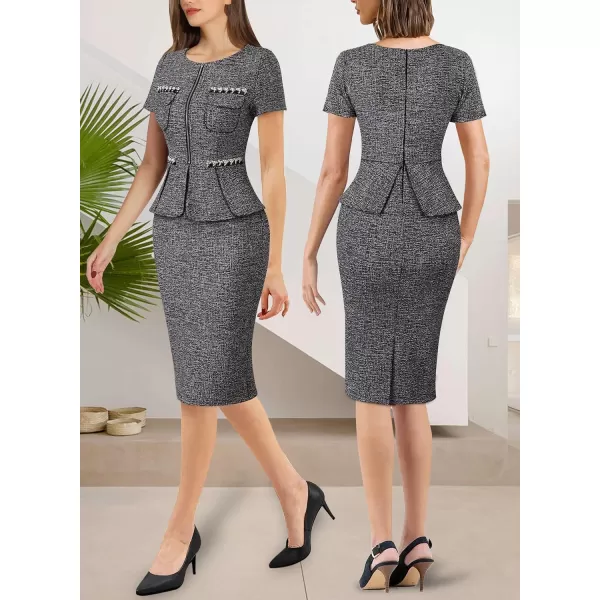 VFSHOW Womens 2024 Business Work Office Peplum Crew Neck Front Zipper Pockets Sheath Bodycon DressBlack Tweed