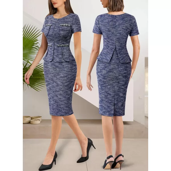 VFSHOW Womens 2024 Business Work Office Peplum Crew Neck Front Zipper Pockets Sheath Bodycon DressBlue Tweed