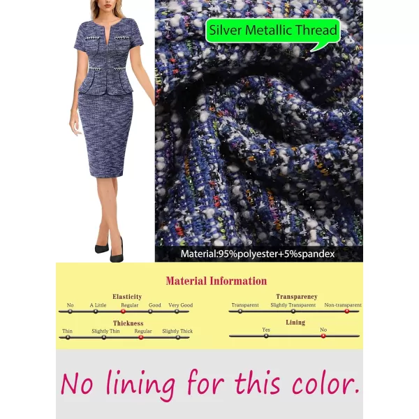 VFSHOW Womens 2024 Business Work Office Peplum Crew Neck Front Zipper Pockets Sheath Bodycon DressBlue Tweed