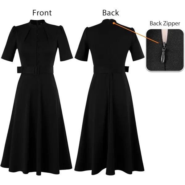 VFSHOW Womens 2024 Business Work Office Pockets Belted Buttons Elegant Fit and Flare ALine DressBlack