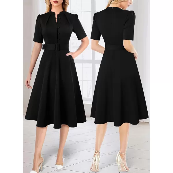 VFSHOW Womens 2024 Business Work Office Pockets Belted Buttons Elegant Fit and Flare ALine DressBlack