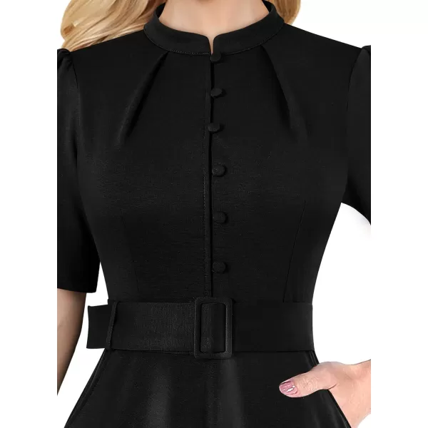 VFSHOW Womens 2024 Business Work Office Pockets Belted Buttons Elegant Fit and Flare ALine DressBlack