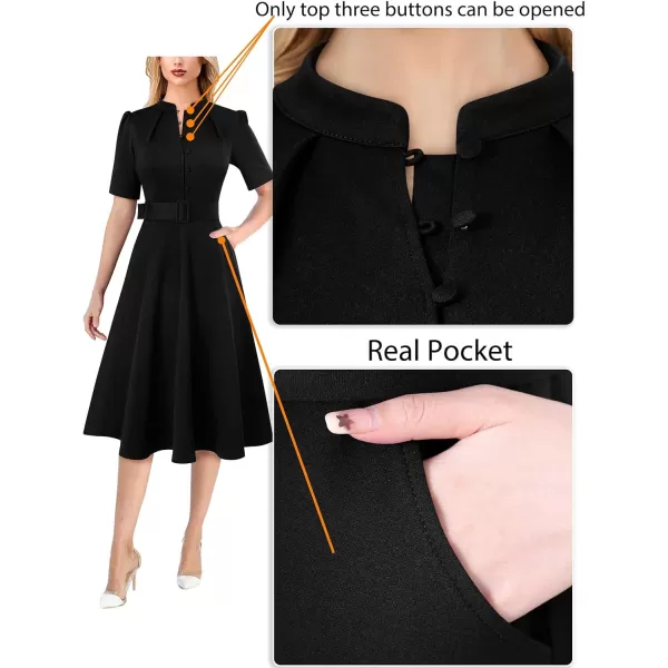 VFSHOW Womens 2024 Business Work Office Pockets Belted Buttons Elegant Fit and Flare ALine DressBlack