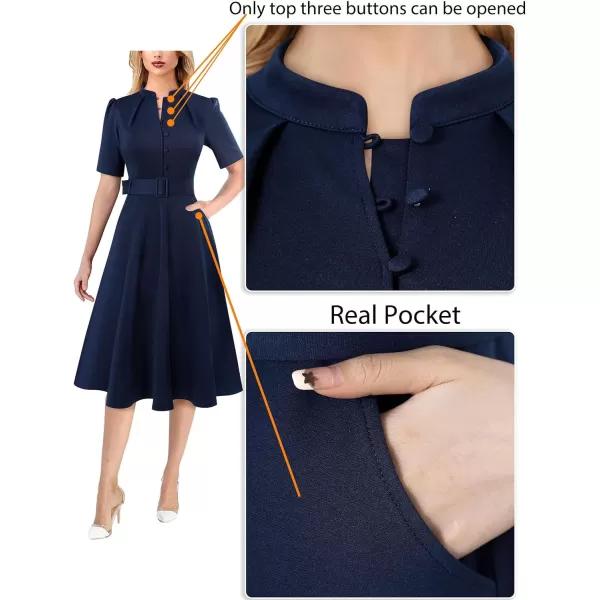 VFSHOW Womens 2024 Business Work Office Pockets Belted Buttons Elegant Fit and Flare ALine DressDark Blue