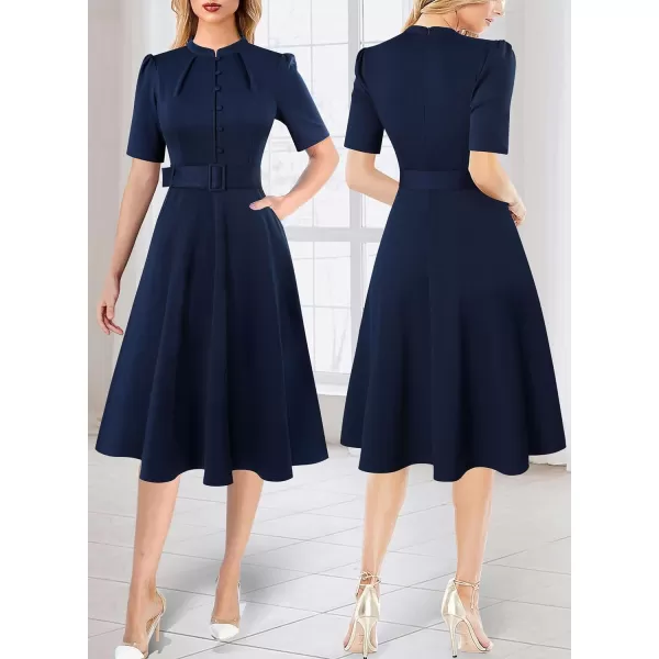 VFSHOW Womens 2024 Business Work Office Pockets Belted Buttons Elegant Fit and Flare ALine DressDark Blue