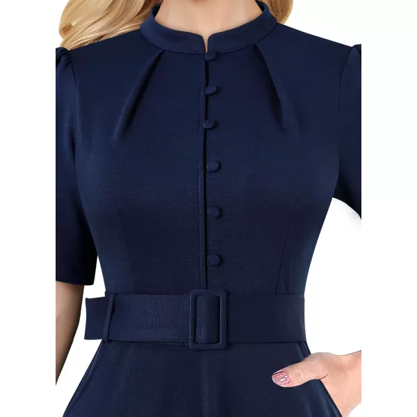 VFSHOW Womens 2024 Business Work Office Pockets Belted Buttons Elegant Fit and Flare ALine DressDark Blue