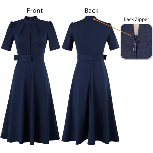 VFSHOW Womens 2024 Business Work Office Pockets Belted Buttons Elegant Fit and Flare ALine DressDark Blue