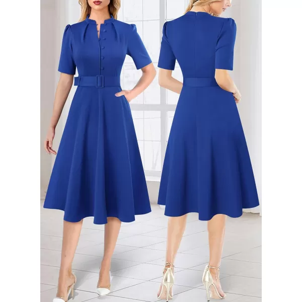 VFSHOW Womens 2024 Business Work Office Pockets Belted Buttons Elegant Fit and Flare ALine DressLight Blue