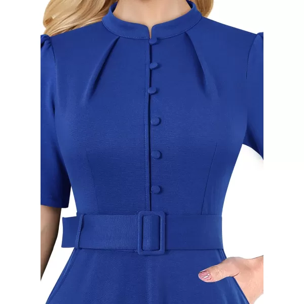 VFSHOW Womens 2024 Business Work Office Pockets Belted Buttons Elegant Fit and Flare ALine DressLight Blue