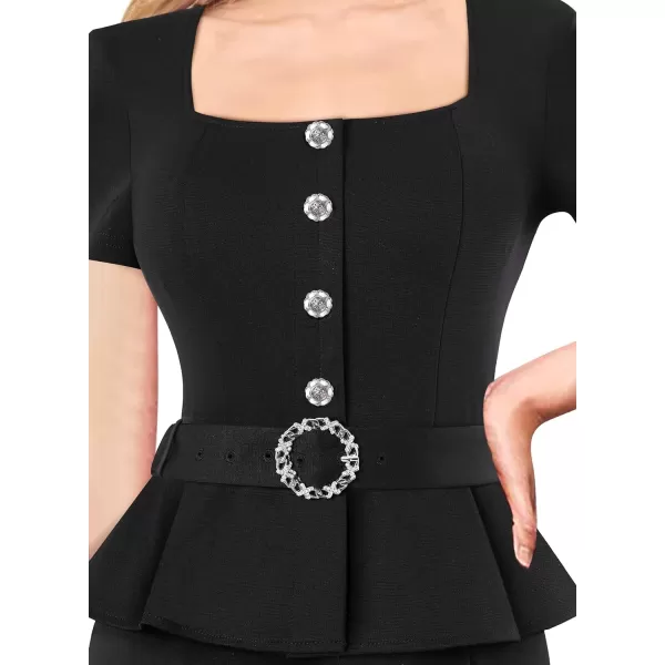 VFSHOW Womens 2024 Business Work Office Square Neck Belted Peplum Buttons Slim Bodycon Sheath DressBlack