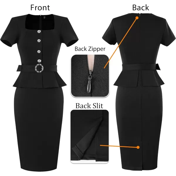 VFSHOW Womens 2024 Business Work Office Square Neck Belted Peplum Buttons Slim Bodycon Sheath DressBlack