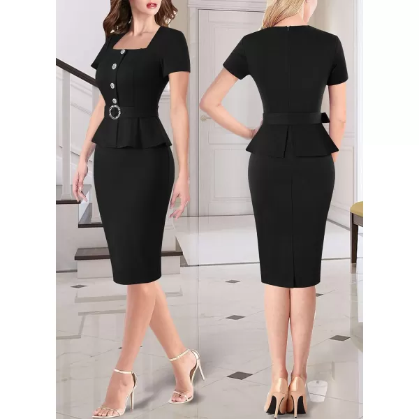 VFSHOW Womens 2024 Business Work Office Square Neck Belted Peplum Buttons Slim Bodycon Sheath DressBlack