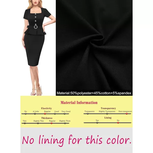 VFSHOW Womens 2024 Business Work Office Square Neck Belted Peplum Buttons Slim Bodycon Sheath DressBlack