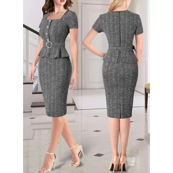 VFSHOW Womens 2024 Business Work Office Square Neck Belted Peplum Buttons Slim Bodycon Sheath DressBlack Tweed