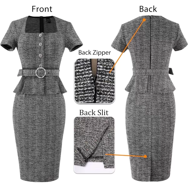 VFSHOW Womens 2024 Business Work Office Square Neck Belted Peplum Buttons Slim Bodycon Sheath DressBlack Tweed