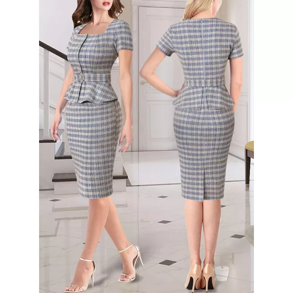 VFSHOW Womens 2024 Business Work Office Square Neck Belted Peplum Buttons Slim Bodycon Sheath DressBlue Tweed