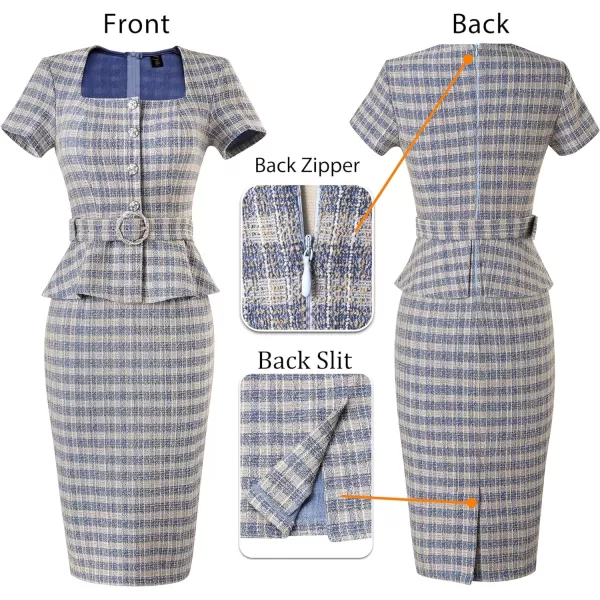 VFSHOW Womens 2024 Business Work Office Square Neck Belted Peplum Buttons Slim Bodycon Sheath DressBlue Tweed
