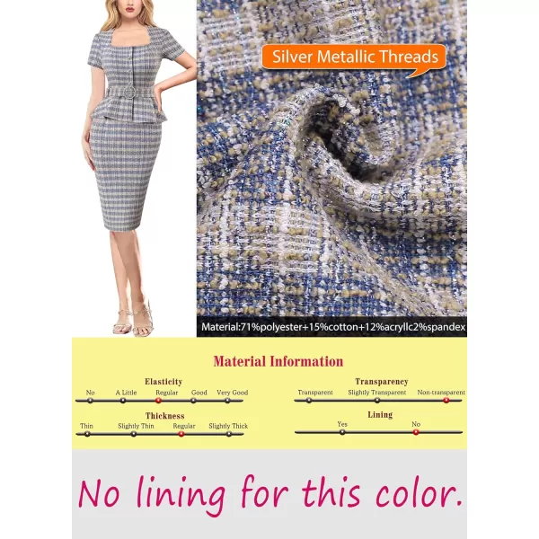 VFSHOW Womens 2024 Business Work Office Square Neck Belted Peplum Buttons Slim Bodycon Sheath DressBlue Tweed