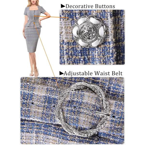 VFSHOW Womens 2024 Business Work Office Square Neck Belted Peplum Buttons Slim Bodycon Sheath DressBlue Tweed