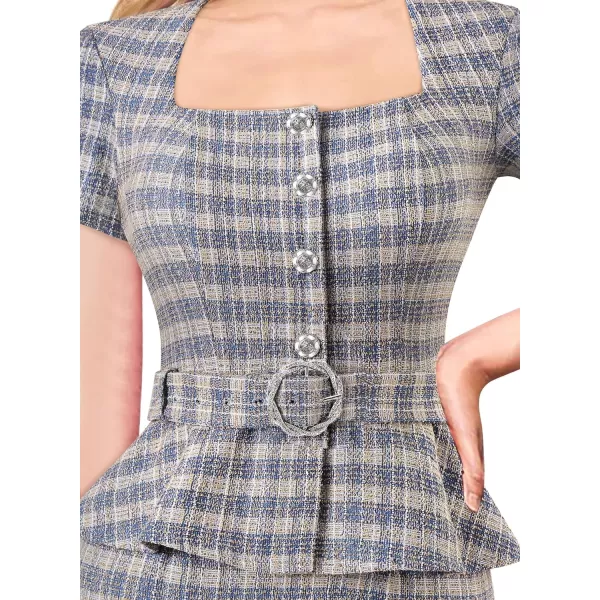 VFSHOW Womens 2024 Business Work Office Square Neck Belted Peplum Buttons Slim Bodycon Sheath DressBlue Tweed