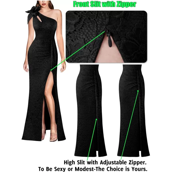 VFSHOW Womens 3D Flower One Shoulder Ruched Prom Formal Wedding Guest Maxi Dress 2023 Sexy Cocktail Split Cutout Evening GownBlack Floral Lace