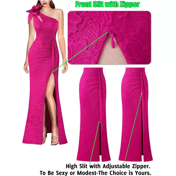 VFSHOW Womens 3D Flower One Shoulder Ruched Prom Formal Wedding Guest Maxi Dress 2023 Sexy Cocktail Split Cutout Evening GownHot Pink Floral Lace