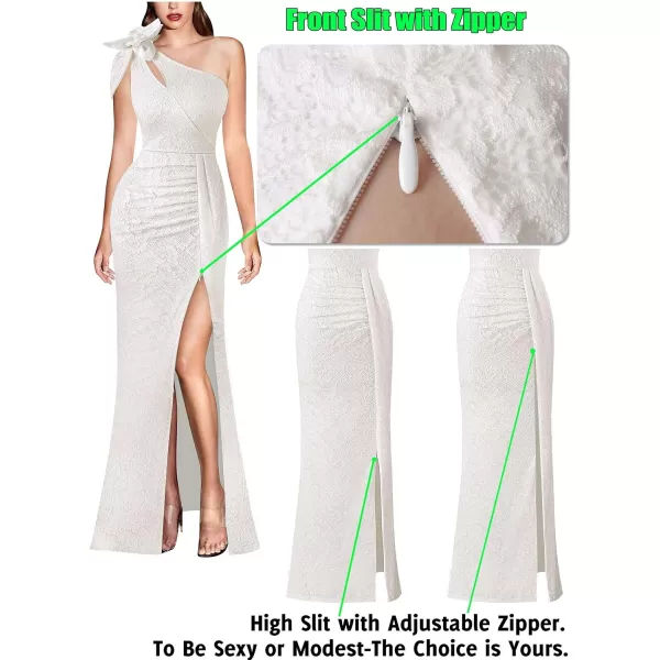 VFSHOW Womens 3D Flower One Shoulder Ruched Prom Formal Wedding Guest Maxi Dress 2023 Sexy Cocktail Split Cutout Evening GownOffwhite Floral Lace