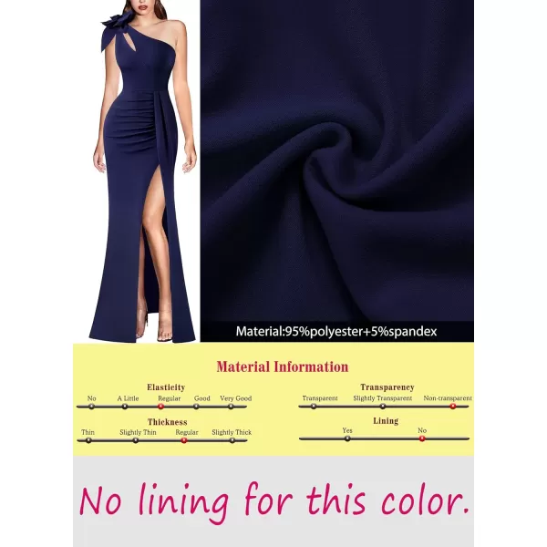 VFSHOW Womens 3D Flower One Shoulder Ruched Prom Formal Wedding Guest Maxi Dress 2023 Sexy Cocktail Split Cutout Evening GownSolid Navy Blue