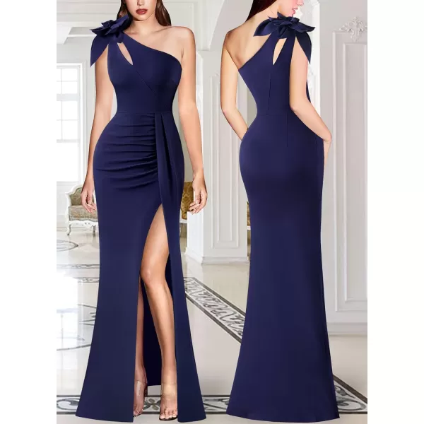 VFSHOW Womens 3D Flower One Shoulder Ruched Prom Formal Wedding Guest Maxi Dress 2023 Sexy Cocktail Split Cutout Evening GownSolid Navy Blue