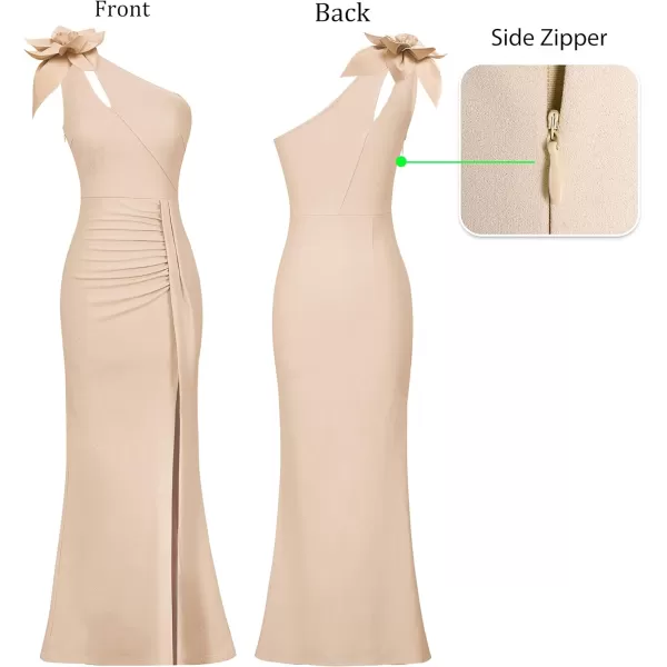 VFSHOW Womens 3D Flower One Shoulder Ruched Prom Formal Wedding Guest Maxi Dress 2023 Sexy Cocktail Split Cutout Evening GownSparkly Beige