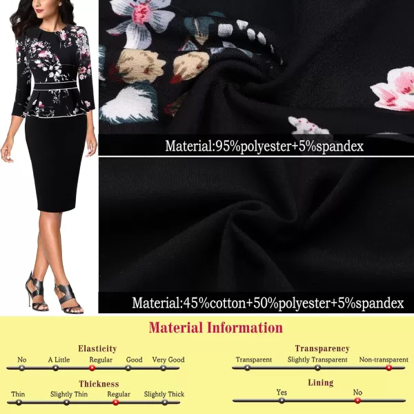 VFSHOW Womens Pleated Crew Neck Peplum Work Office Business Bodycon Sheath DressMulti Floral Print and Black2