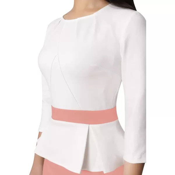 VFSHOW Womens Pleated Crew Neck Peplum Work Office Business Bodycon Sheath DressOff White  Pink