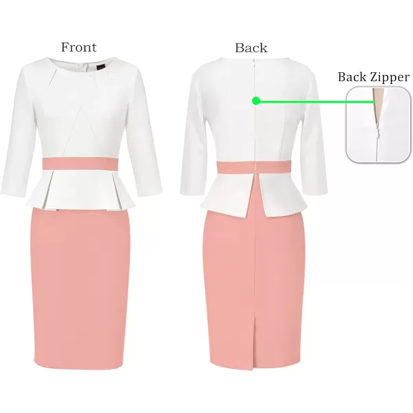 VFSHOW Womens Pleated Crew Neck Peplum Work Office Business Bodycon Sheath DressOff White  Pink
