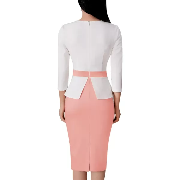 VFSHOW Womens Pleated Crew Neck Peplum Work Office Business Bodycon Sheath DressOff White  Pink