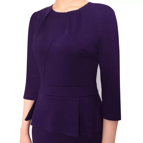 VFSHOW Womens Pleated Crew Neck Peplum Work Office Business Bodycon Sheath DressPurple 34 Sleeve