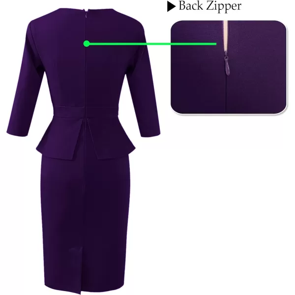 VFSHOW Womens Pleated Crew Neck Peplum Work Office Business Bodycon Sheath DressPurple 34 Sleeve