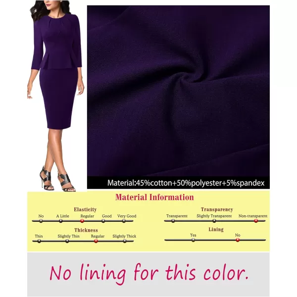 VFSHOW Womens Pleated Crew Neck Peplum Work Office Business Bodycon Sheath DressPurple 34 Sleeve