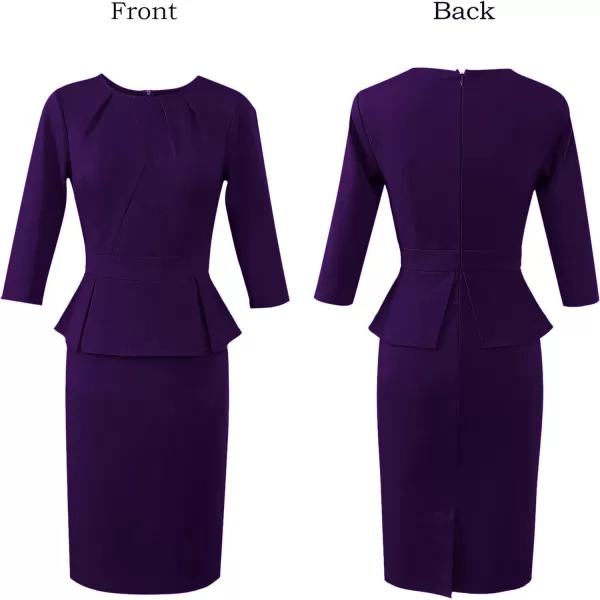 VFSHOW Womens Pleated Crew Neck Peplum Work Office Business Bodycon Sheath DressPurple 34 Sleeve