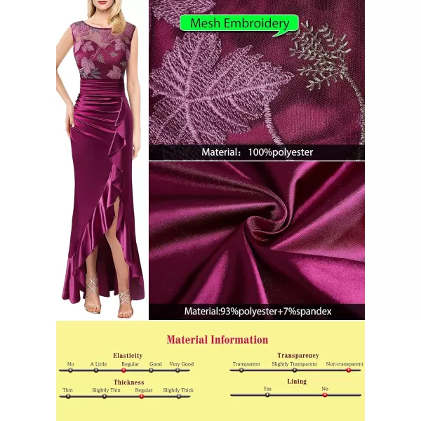 VFSHOW Womens Prom Illusion Sweetheart Formal Maxi Dress Cocktail Patchwork Ruched Ruffle High Split Evening Long GownFuchsia Embroidery  Satin2