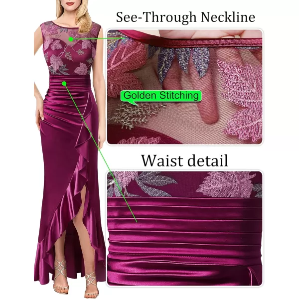 VFSHOW Womens Prom Illusion Sweetheart Formal Maxi Dress Cocktail Patchwork Ruched Ruffle High Split Evening Long GownFuchsia Embroidery  Satin2