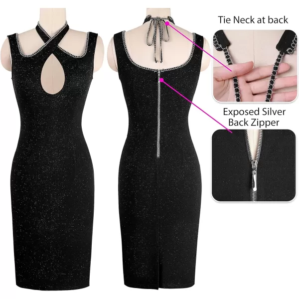 VFSHOW Womens Sexy Strap Keyhole Cocktail Club Night Out Bodycon Dress 2023 Party Crisscross DressSparkly Black