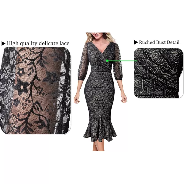 VFSHOW Womens Vintage Retro Cocktail Party Fitted Bodycon Pencil Mermaid Midi DressBlack Geometric Lace