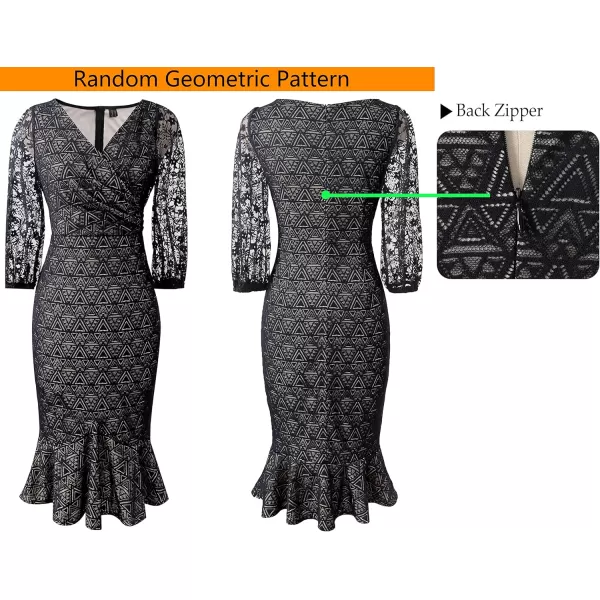 VFSHOW Womens Vintage Retro Cocktail Party Fitted Bodycon Pencil Mermaid Midi DressBlack Geometric Lace