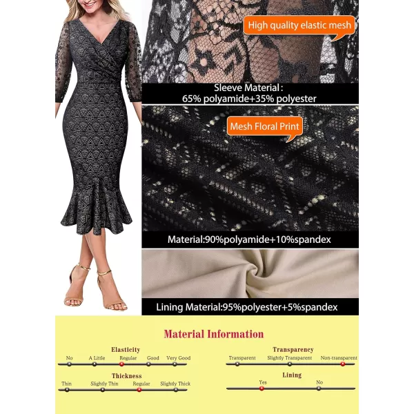 VFSHOW Womens Vintage Retro Cocktail Party Fitted Bodycon Pencil Mermaid Midi DressBlack Geometric Lace