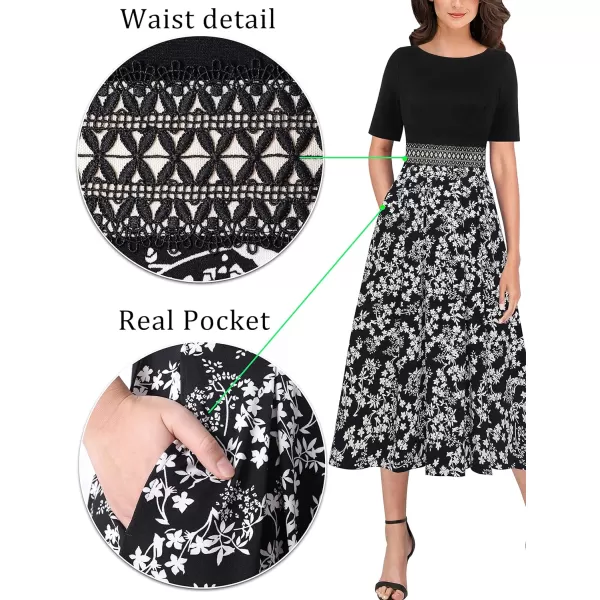 Vfshow Womens Elegant Patchwork Pockets Print Work Casual ALine Midi DressBlack and White Floral Print