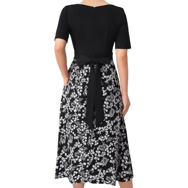 Vfshow Womens Elegant Patchwork Pockets Print Work Casual ALine Midi DressBlack and White Floral Print