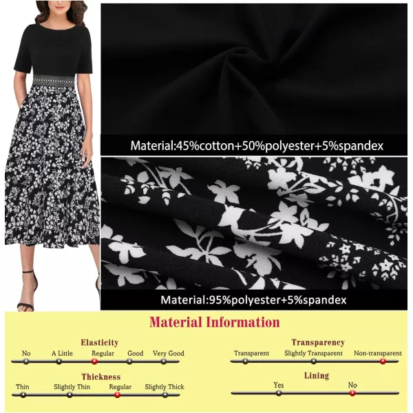 Vfshow Womens Elegant Patchwork Pockets Print Work Casual ALine Midi DressBlack and White Floral Print