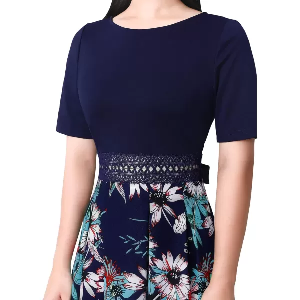 Vfshow Womens Elegant Patchwork Pockets Print Work Casual ALine Midi DressNavy and Multi Floral Print2