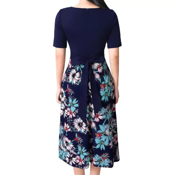 Vfshow Womens Elegant Patchwork Pockets Print Work Casual ALine Midi DressNavy and Multi Floral Print2